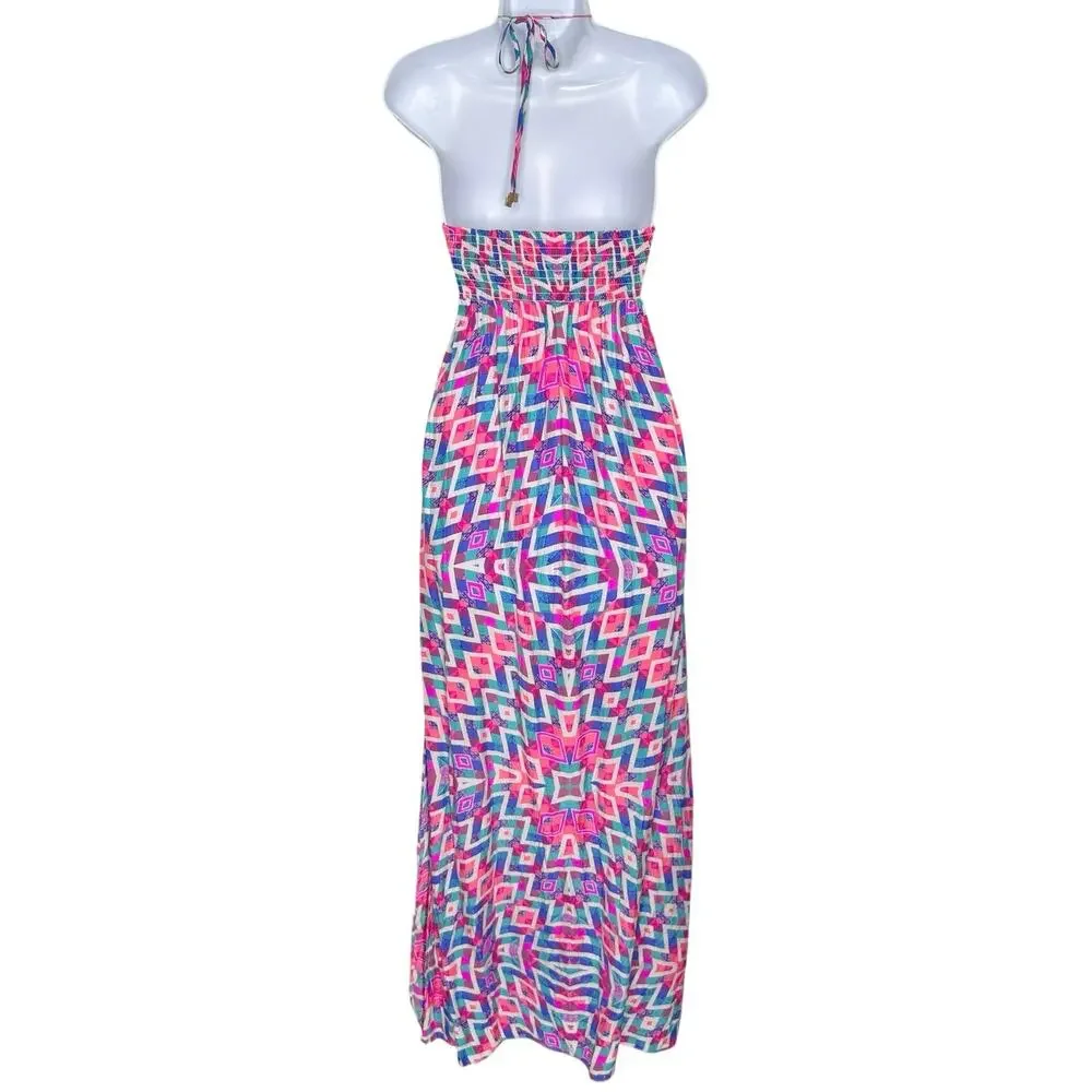 Alice & Trixie Silk Halter Maxi Dress XS Vibrant Geometric Pattern Pink Resort